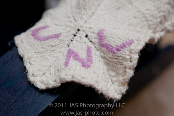 hand stitiched letters on baby blanket