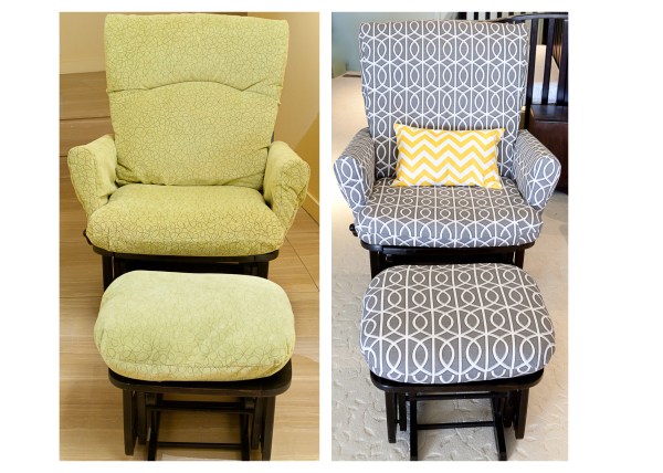 glider reupholstry project for gray and yellow nursery