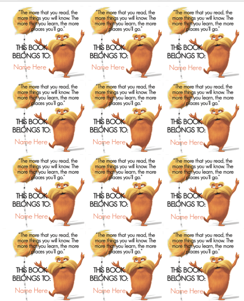 Free lorax printable download: Editable bookplates. Great for a party favor!