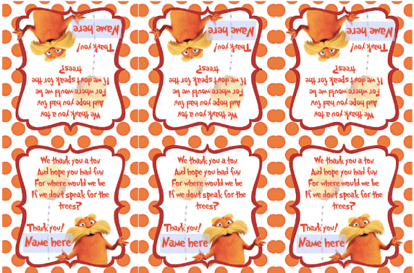 Free lorax printable for download: editable favor bag labels