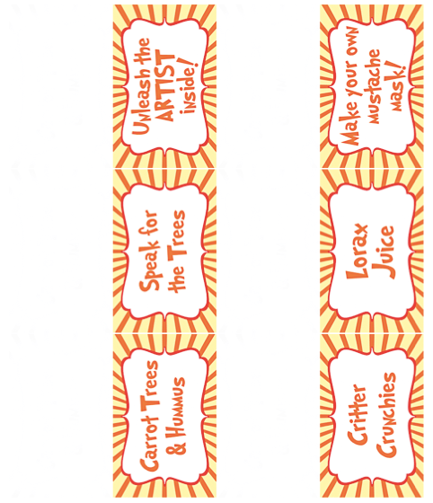 Free lorax printable: pre-made food and activity tent cards